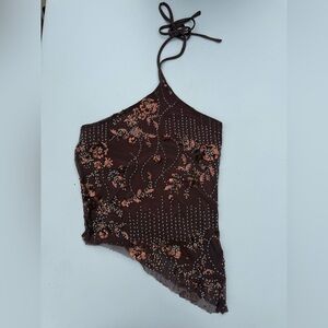 Y2K Brown Beaded Halter Top Asymmetrical Sheer Sequin Floral